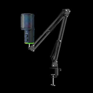 Micrófono condensador USB RGB para streaming con brazo articulado